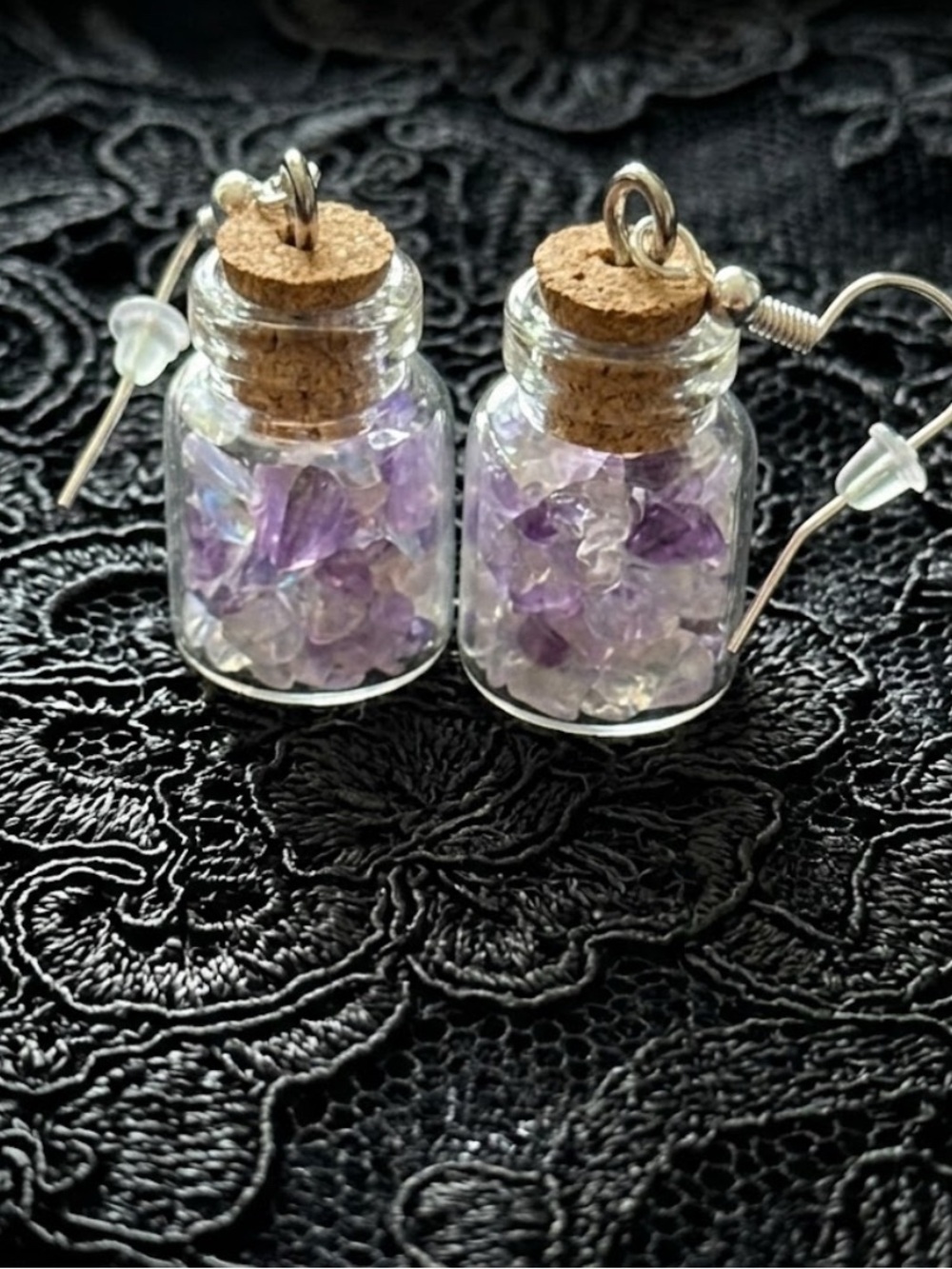 Amethyst And Opalite Mixed Mini Crystal Chip Glass Spell Jar Drop Earrings - Picture 2 of 3